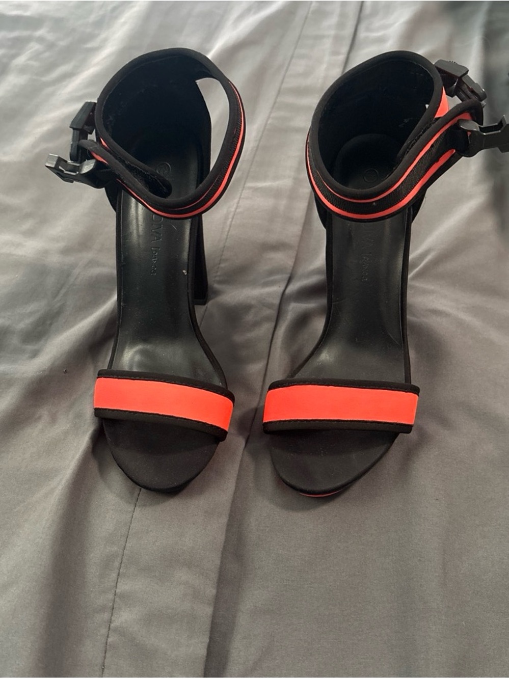 Women's Black Sandals with Neon Coral Straps